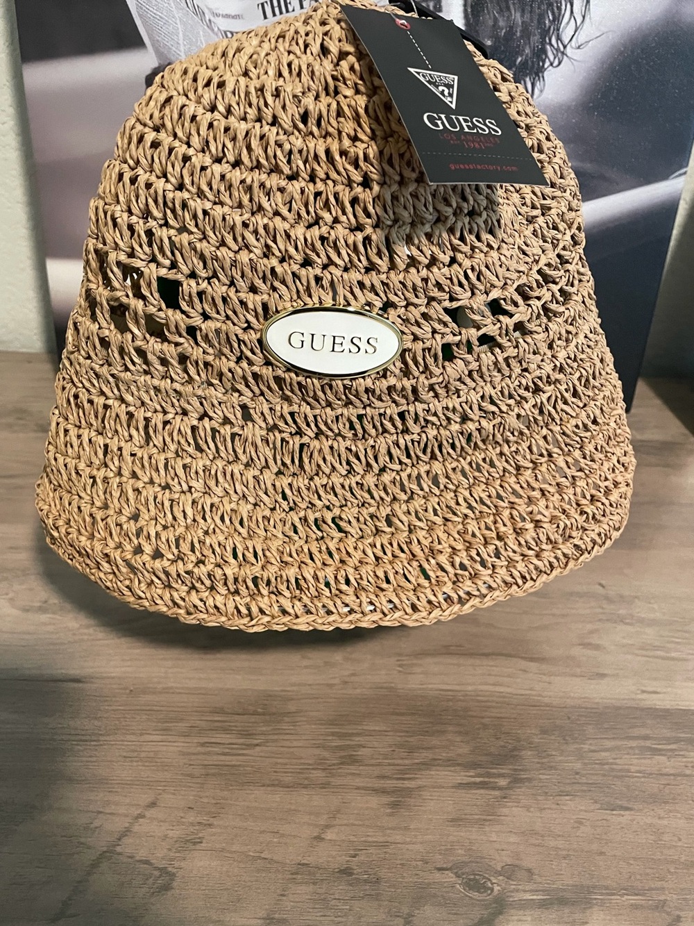GUESS Tan Woven Straw Bucket Hat with Logo Plaque